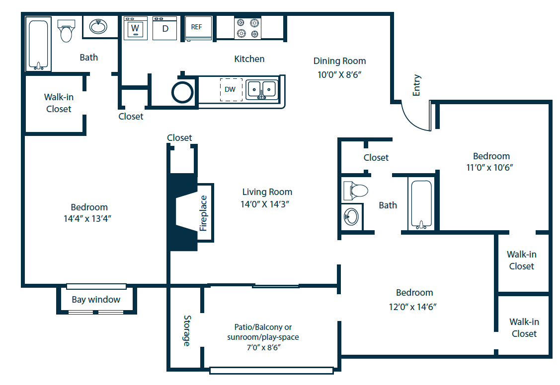 Floor plan for 3 beds, 2 baths, 1400 sqft